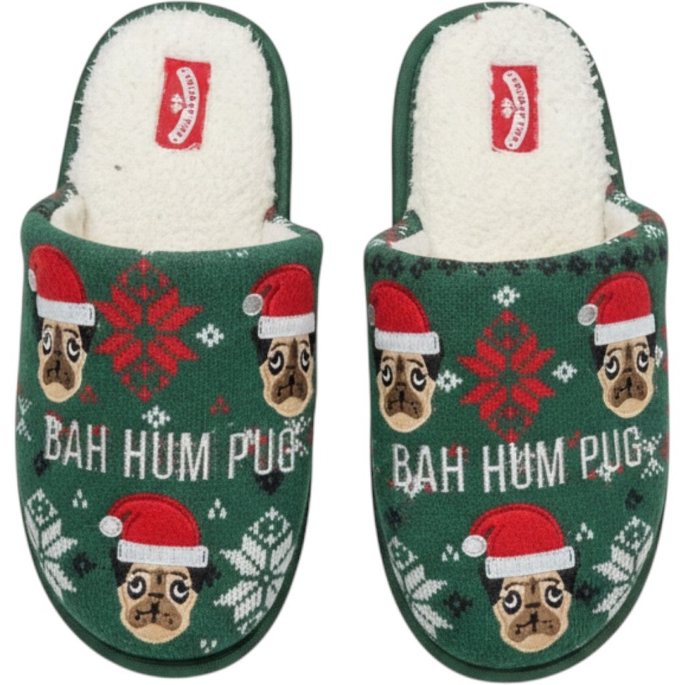Holiday Time Bah Hum Pug Christmas Slippers Green Faux Shearling Mens 7-8 S